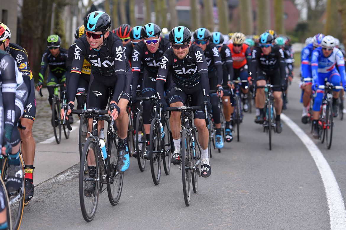 Sky on the front of the Kuurne-Brussel-Kuurne peloton
