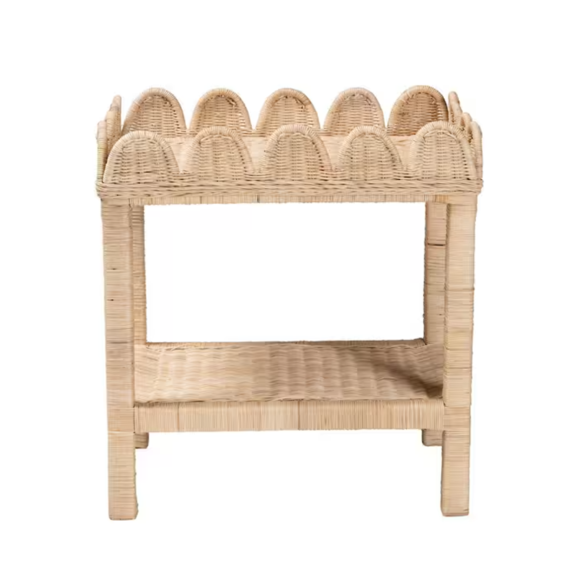 a scalloped rattan side table