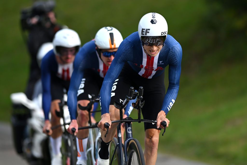 ZURICH SWITZERLAND SEPTEMBER 25 Neilson Powless of Team United States sprints during the 97th UCI Cycling World Championships Zurich 2024 Mixed Relay Team Time Trial a 537km one day race from Zurich to Zurich on September 25 2024 in Zurich Switzerland Photo by Dario BelingheriGetty Images