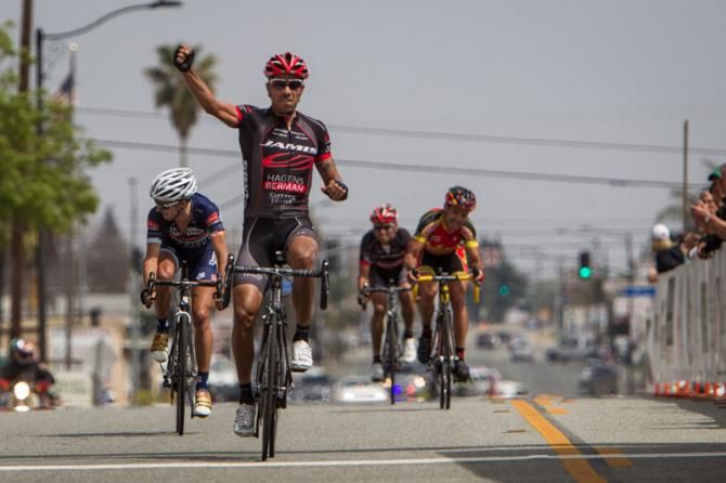 Luis Amaran (Jamis-Hagens Berman) takes the sprint for the stage win.