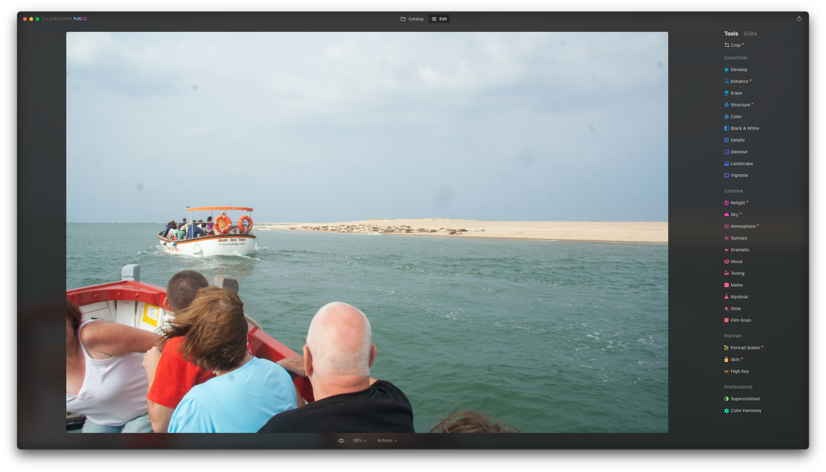 A photo of a boat in the Luminar Neo photo editing software