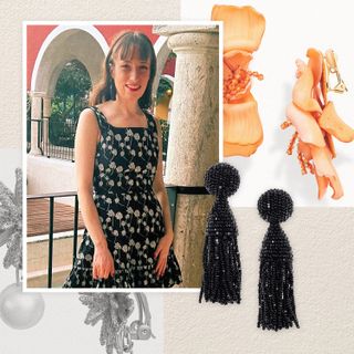 Graphic design art composed of a picture of a woman in a dress wearing clip-on earrings, a picture of a pair of round flower-shaped clip-on earrings, a picture of a pair of gold clip-on earrings with pearls. A pair of black tassel drop clip-on earrings are next to the pictures.