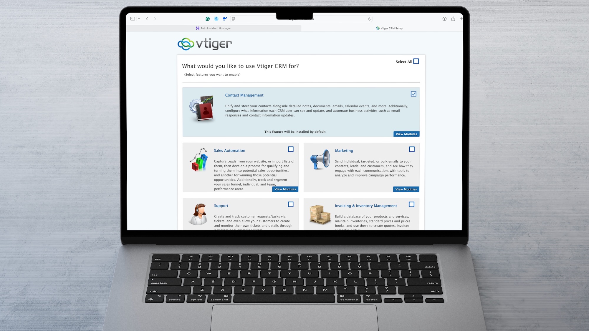 An Vtiger installation on a laptop