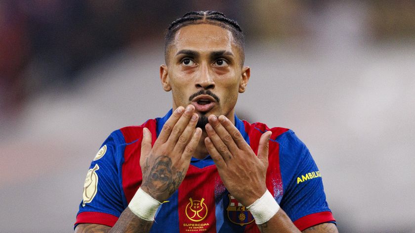 Raphinha of FC Barcelona celebrates his goal during the Spanish Super Cup Semi-Final match against Athletic Club Bilbao at King Abdullah Sports City Hall Stadium on January 7, 2026 in Jeddah, Saudi Arabia. 