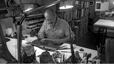 Benoit Sokal in an artist&#039;s studio, creating art