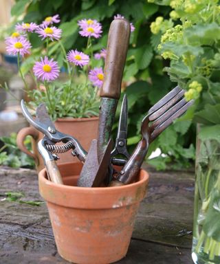 garden tools in a pot on a wooden table