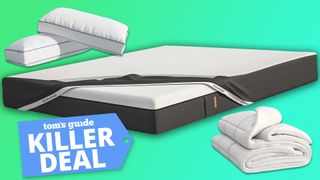 A collage of the free gifts included in the Emma Anniversary deal: in the middle, an Emma mattress covered in the Emma waterproof mattress protector. In the top left, two Emma Cloud pillows. Bottom right, a folded Emma Cloud Duvet. Bottom left, a Tom's Guide Killer Deal badge