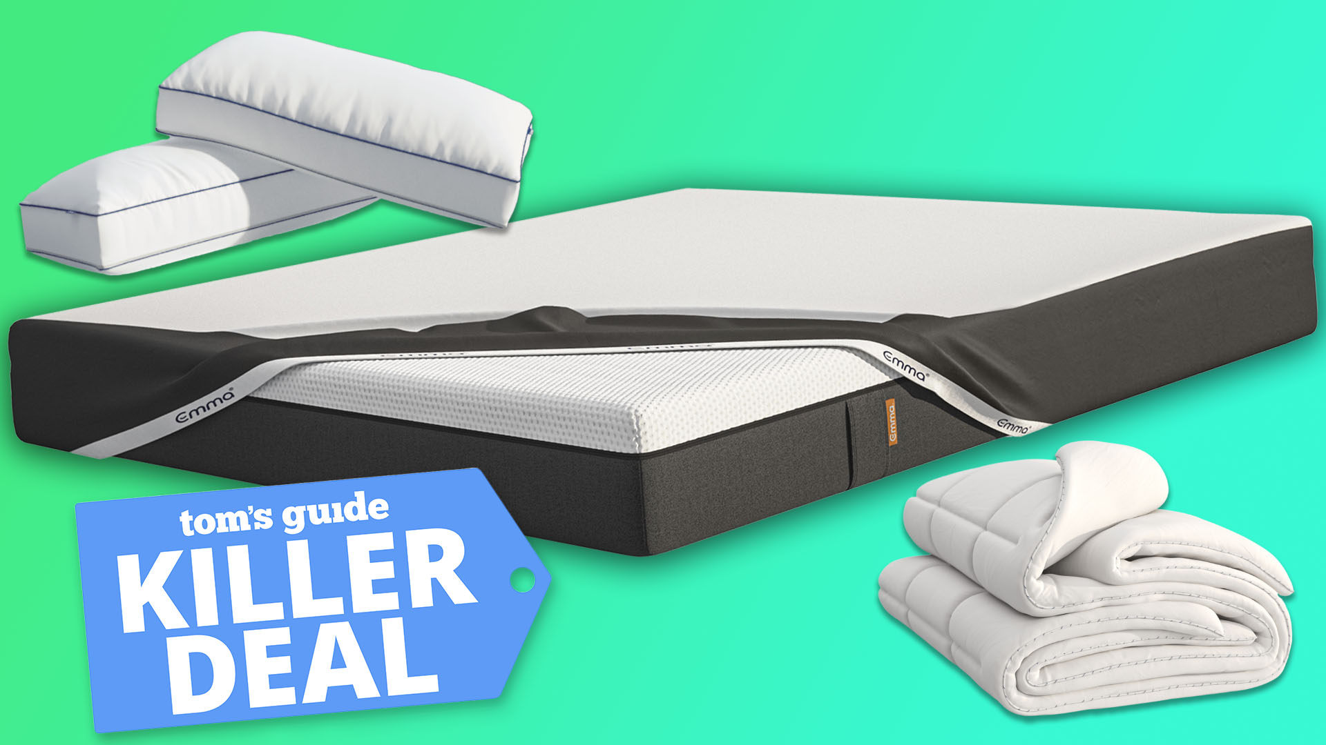 A collage of the free gifts included in the Emma Anniversary deal: in the middle, an Emma mattress covered in the Emma waterproof mattress protector. In the top left, two Emma Cloud pillows. Bottom right, a folded Emma Cloud Duvet. Bottom left, a Tom&#039;s Guide Killer Deal badge