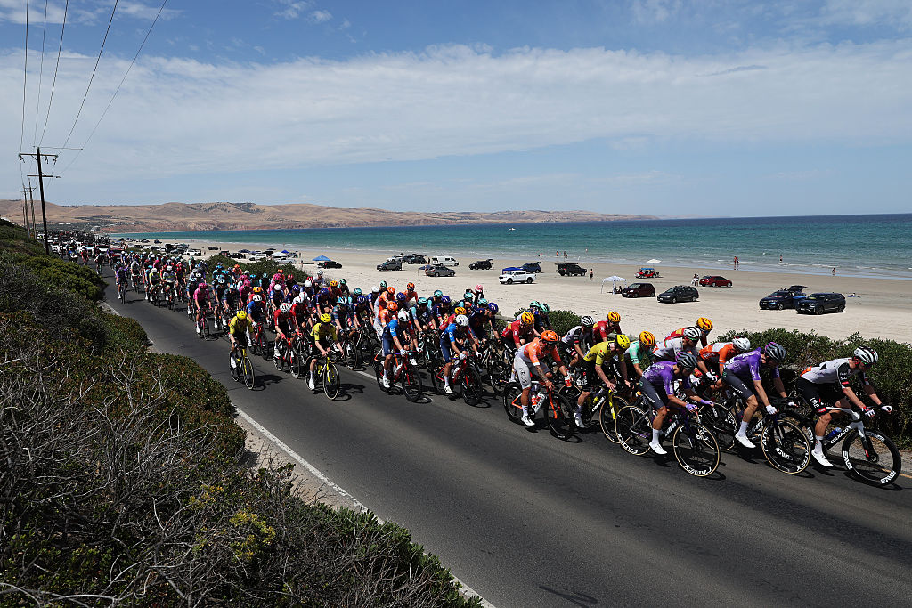 WILLUNGA, AUSTRALIA - JANUARY 24: A general view of the peloton passing through a landscape during the 26th Santos Tour Down Under 2026, Stage 4 a 130.8km stage from Brighton to Willunga / #UCIWT / on January 24, 2026 in Willunga, Australia. (Photo by Con Chronis/Getty Images)