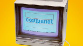 A Commodore 64 moinitor on a yellow background showing Compunet