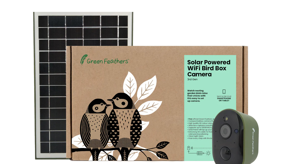 A press shot of the Green Feathers solar bird box camera on a white background