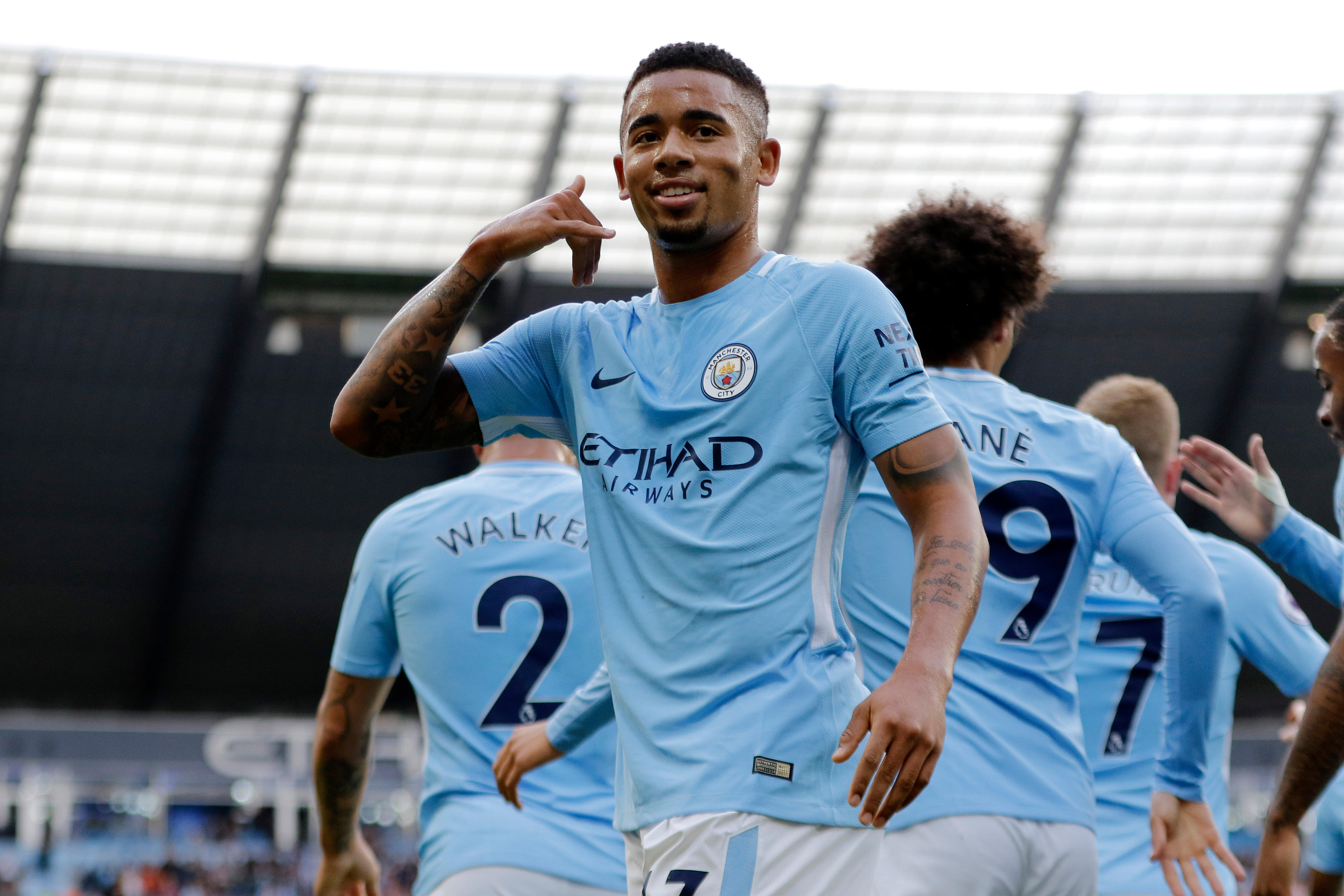 Gabriel Jesus celebrates after scoring for Manchester City against Stoke City, 2017