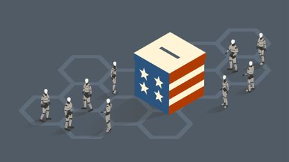 Nine humanoid robots gather around a ballot box decorated with the flag of the United States