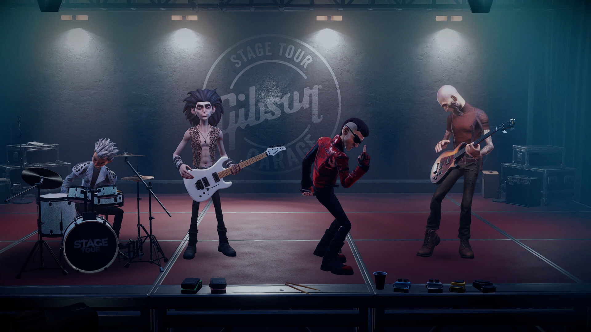 Four bandmates on a stage in rhythm game, Stage Tour