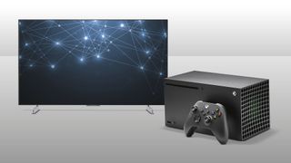 An LG OLED42C3 TV and Xbox Series X console positioned together against a grey background