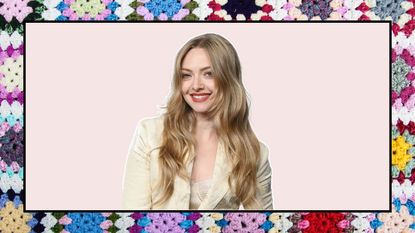 Amanda Seyfried in a white blazer on a pink and granny smith crochet background