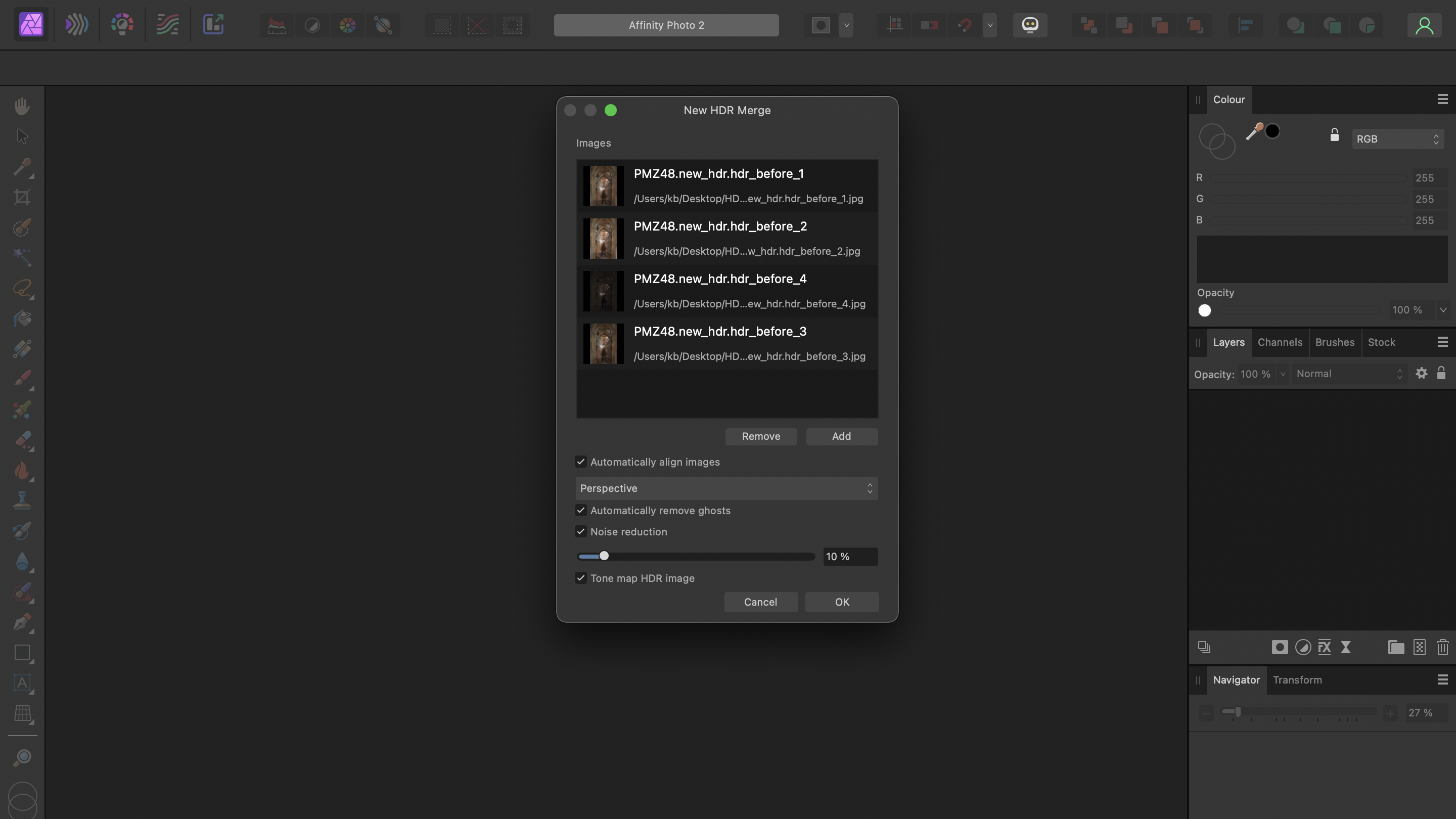 Affinity Photo 2 interface displaying the New HDR Merge dialog with multiple image files listed and adjustment options on a dark background