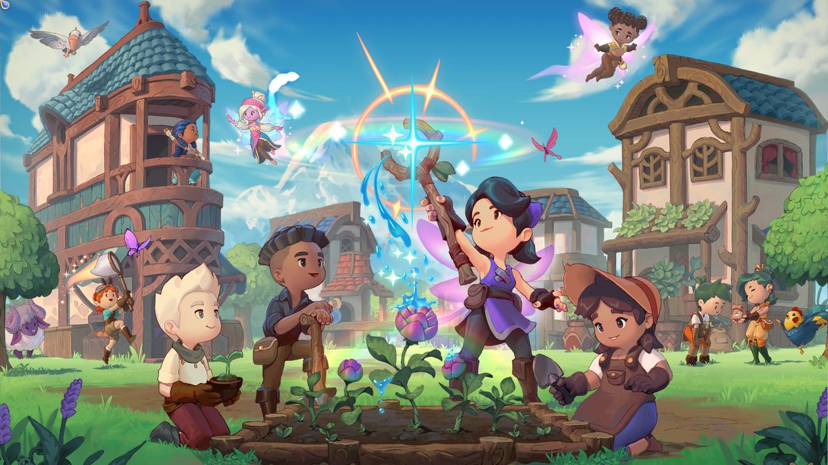 Fae Farm title screen, several characters gather round one casting a spell with a wand in a grassy, pastoral town