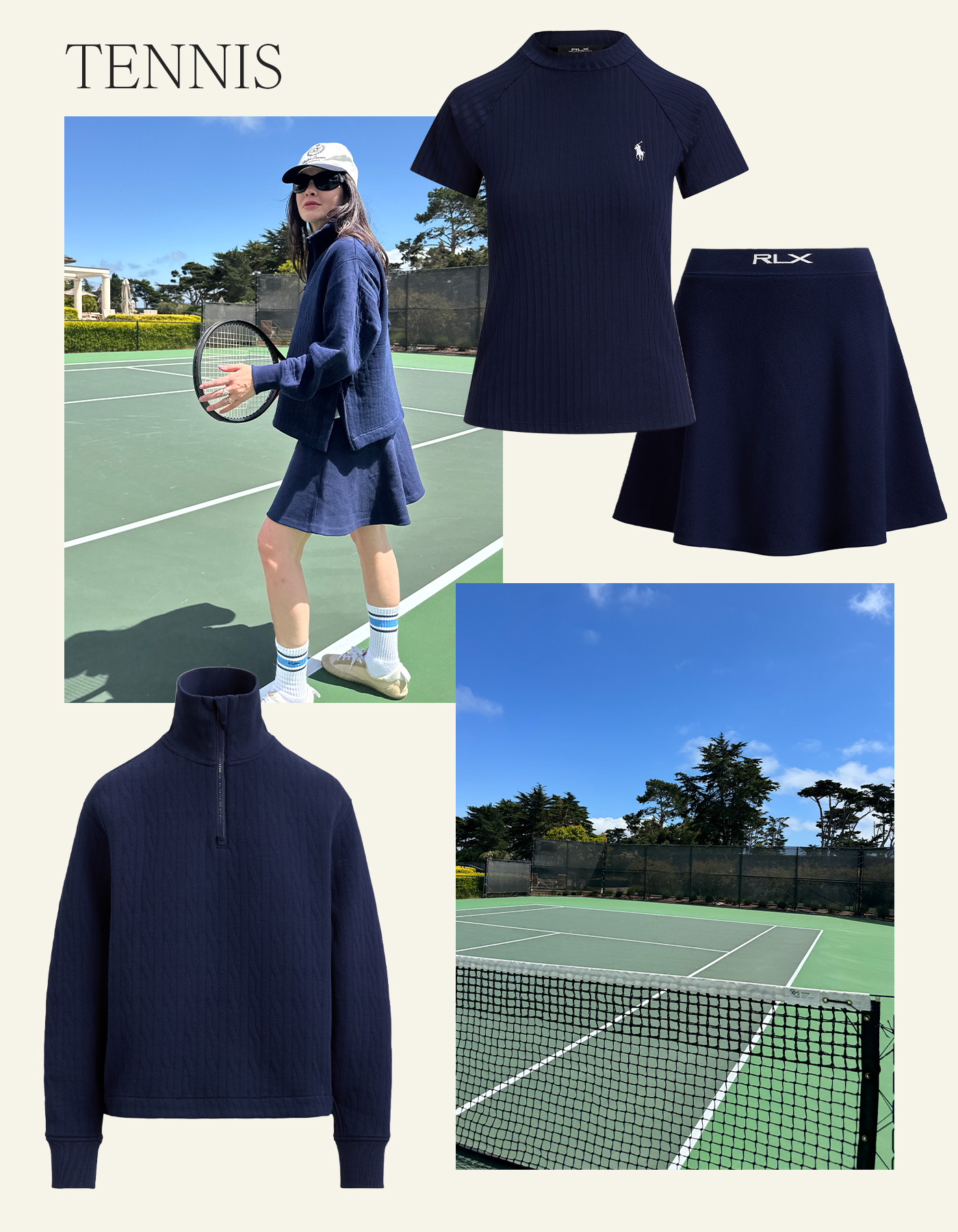 Collage featuring Kat Collings on a tennis court with a racket wearing a hat, navy pullover, and tennis skirt.