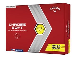 Callaway Chrome Soft yellow golf balls inside their box