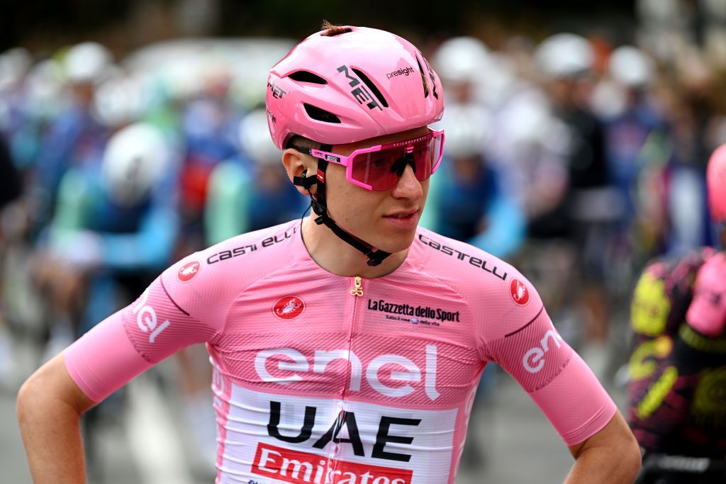 NOVARA ITALY MAY 06 Tadej Pogacar of Slovenia and UAE Team Emirates Pink Leader Jersey prior to the 107th Giro dItalia 2024 Stage 3 a 166km stage from Novara to Fossano 374m UCIWT on May 06 2024 in Novara Italy Photo by Dario BelingheriGetty Images