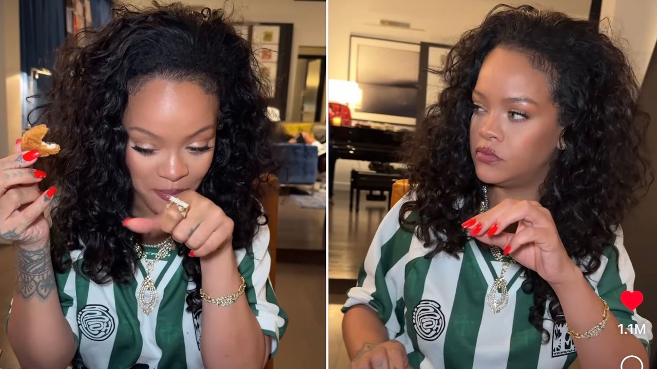 Rihanna eating chicken nuggets and caviar while wearing a soccer jersey