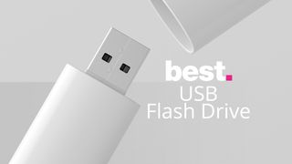 A USB flash drive with the words "best USB flash drive" next to it on a gray background 