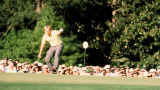 Jack Nicklaus celebrates after holing a putt at the 17th hole during the final round of the 1986 Masters