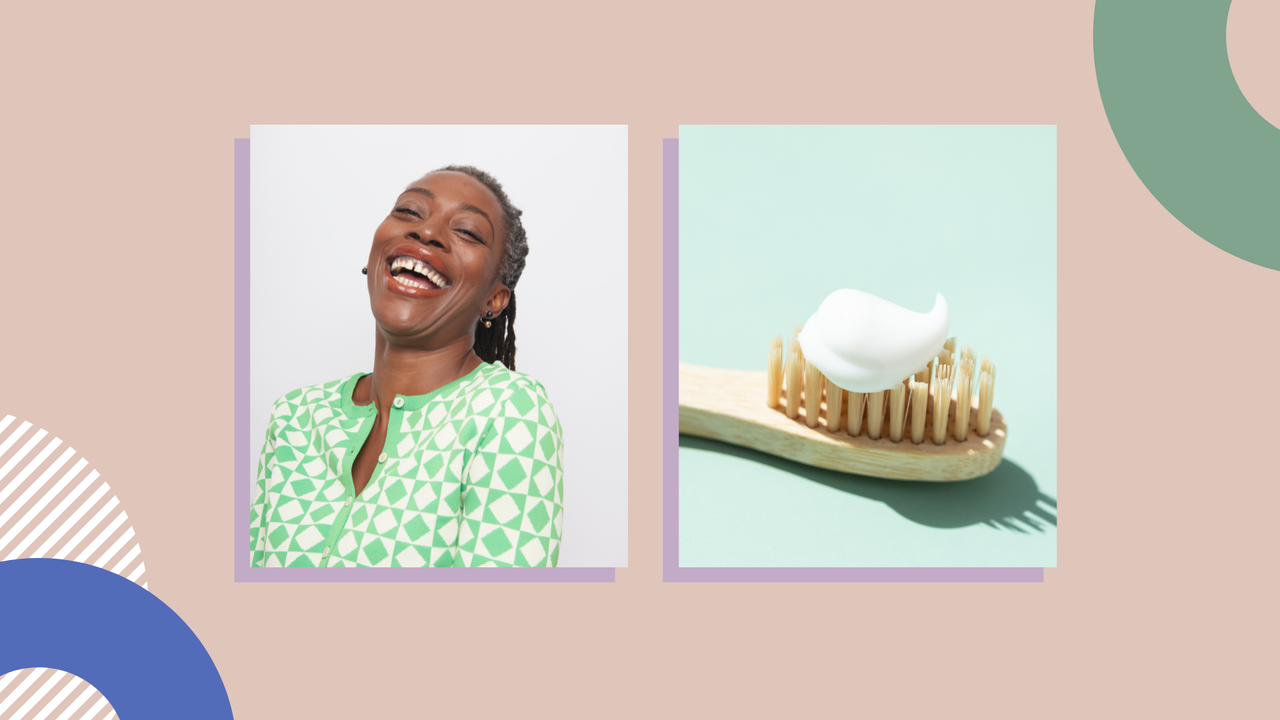 smiling woman and toothbrush with toothpaste on peach background 