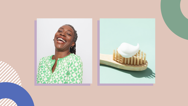 smiling woman and toothbrush with toothpaste on peach background