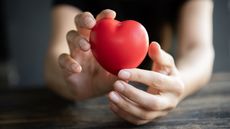 Hands hold a rounded red heart knickknack.