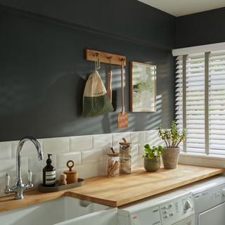 Utility room with dark blue walls and wooden countertops