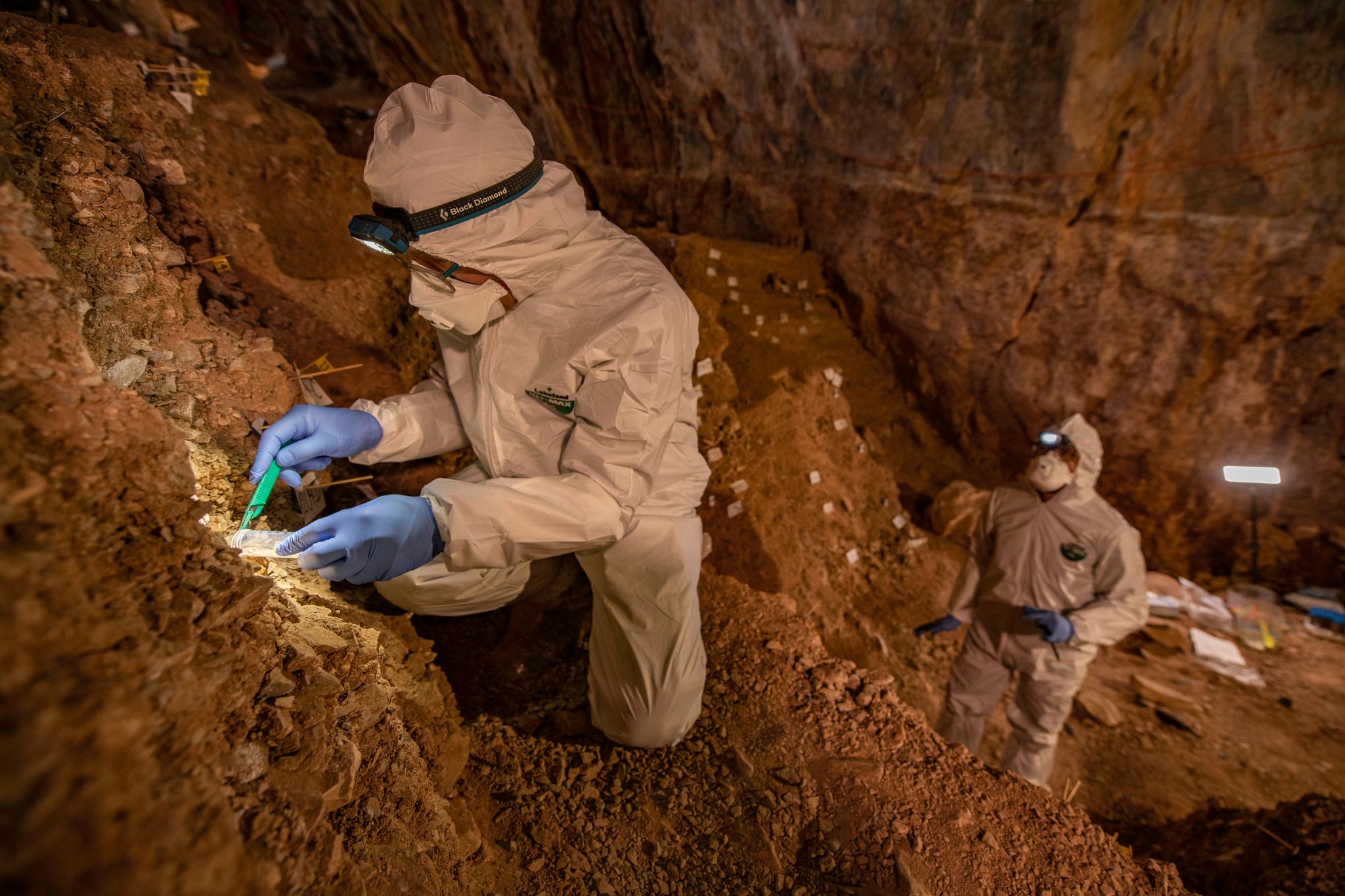 Mikkel Winther Pedersen and his team members survey the different layers in the cave.