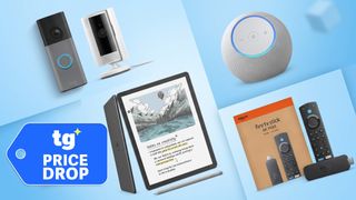 Collage of Amazon devices against blue background
