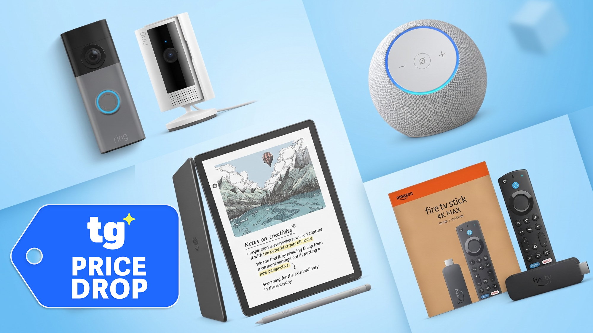 Collage of Amazon devices against blue background