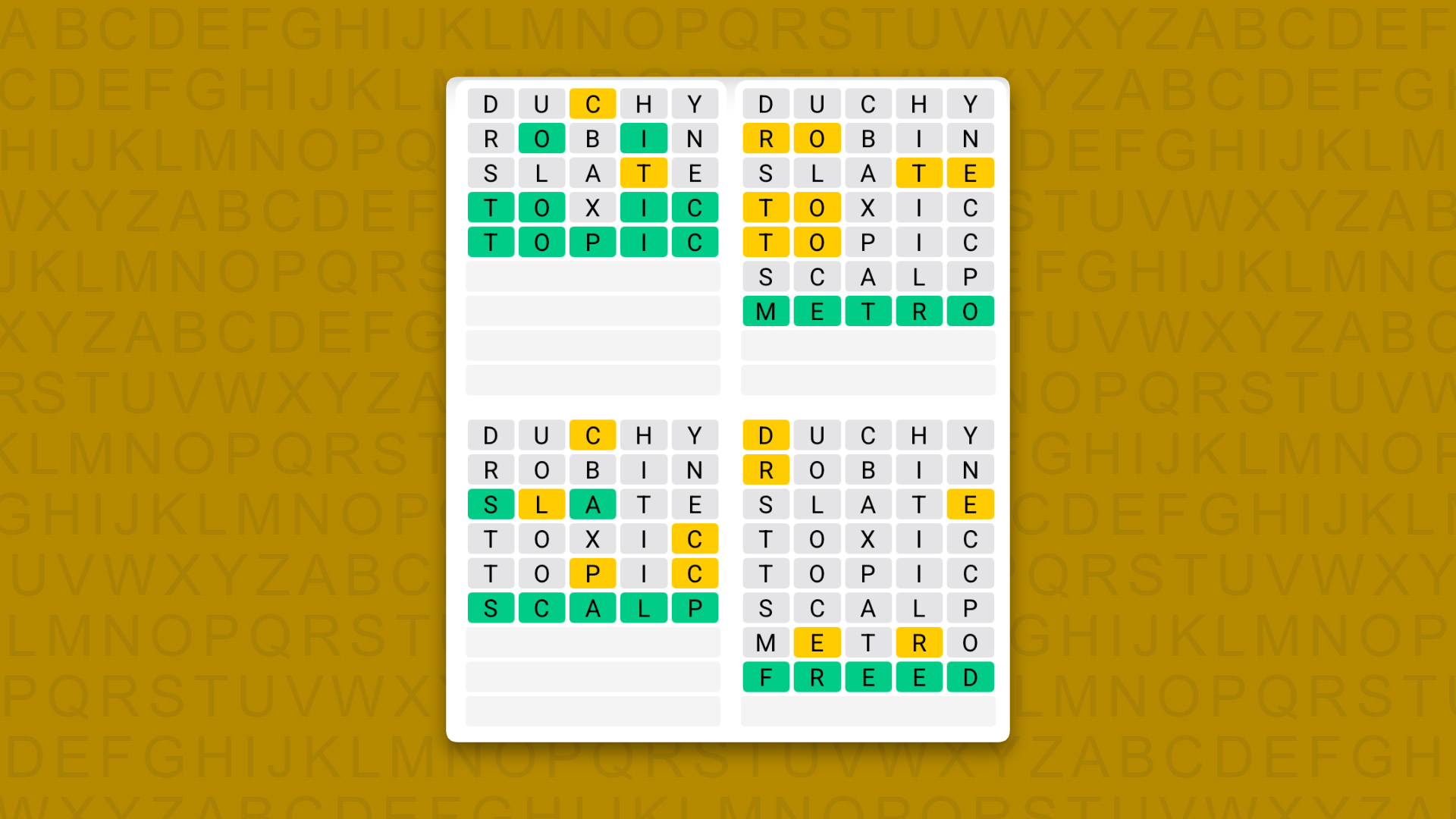 Quordle answers for game 1704 on a yellow background