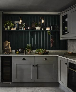 Shaker kitchen with gray cabinets and wood panel wall