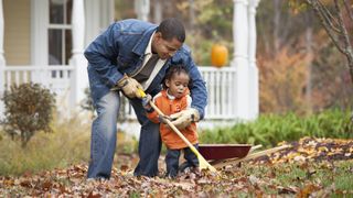 Man and toddler raking leaves outside a house on the grass.