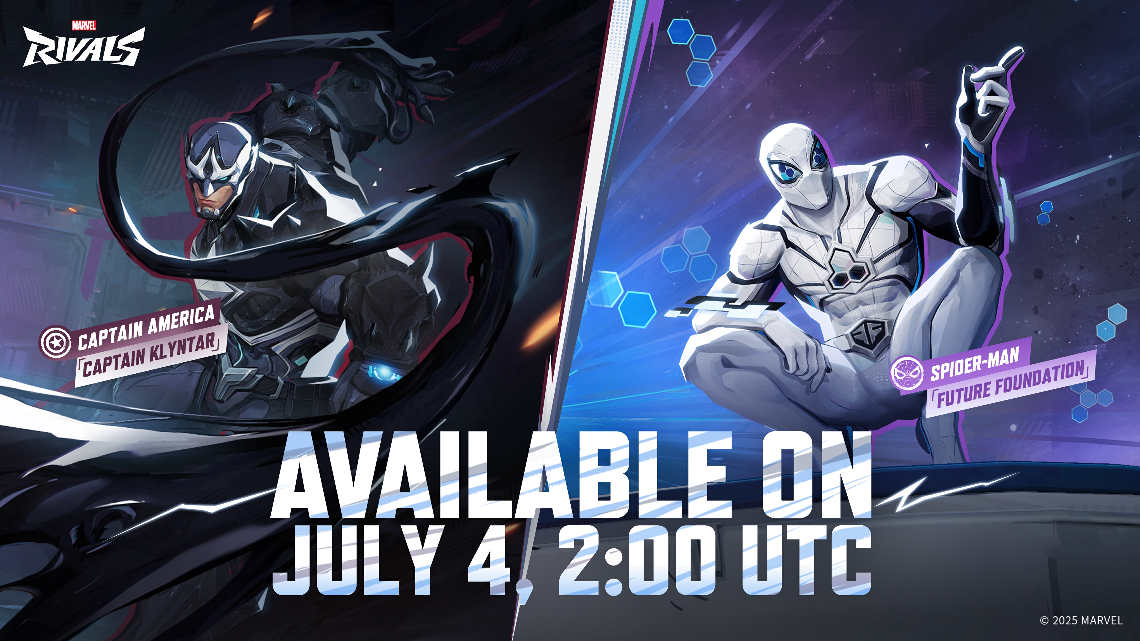 Captain America's symbiote-themed skin next to Spider-Man's black and white Future Foundation skin
