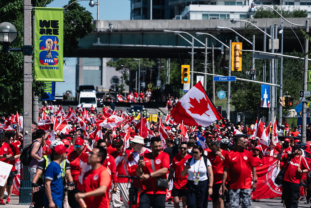 Canada fans arrive ahead of the FIFA World Cup 2026 Group B match between Canada and Bosnia and Herzegovina at Toronto Stadium on June 12, 2026 in Toronto, Ontario