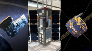 A collage of a cubesat, NASA NEOWISE and IMAGE satellites.