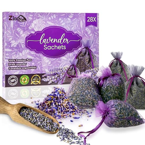 28 Pack Lavender Bags for Wardrobes & Drawers – Natural Dried Lavender Sachets for Moths & Freshness, Premium Wardrobe Freshners. Organic Scented Sachets for Cabinets, Cars, Clothes, Linens & Storage.