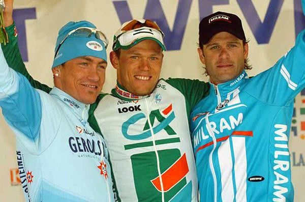 The podium (L to R): David Kopp (2nd), Thor Hushovd (1st) and Alessandro Petacchi (3rd)