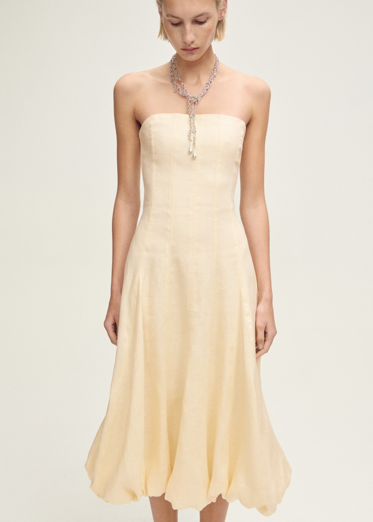 MANGO, Linen Dress With Puffed Hem 