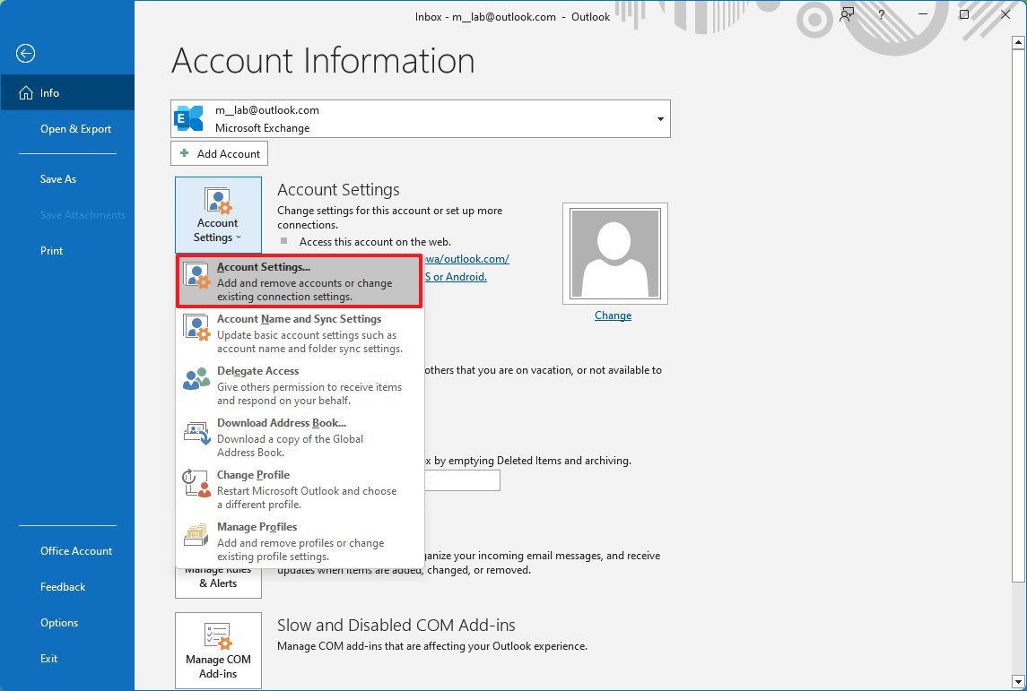 Configurações da conta do Outlook