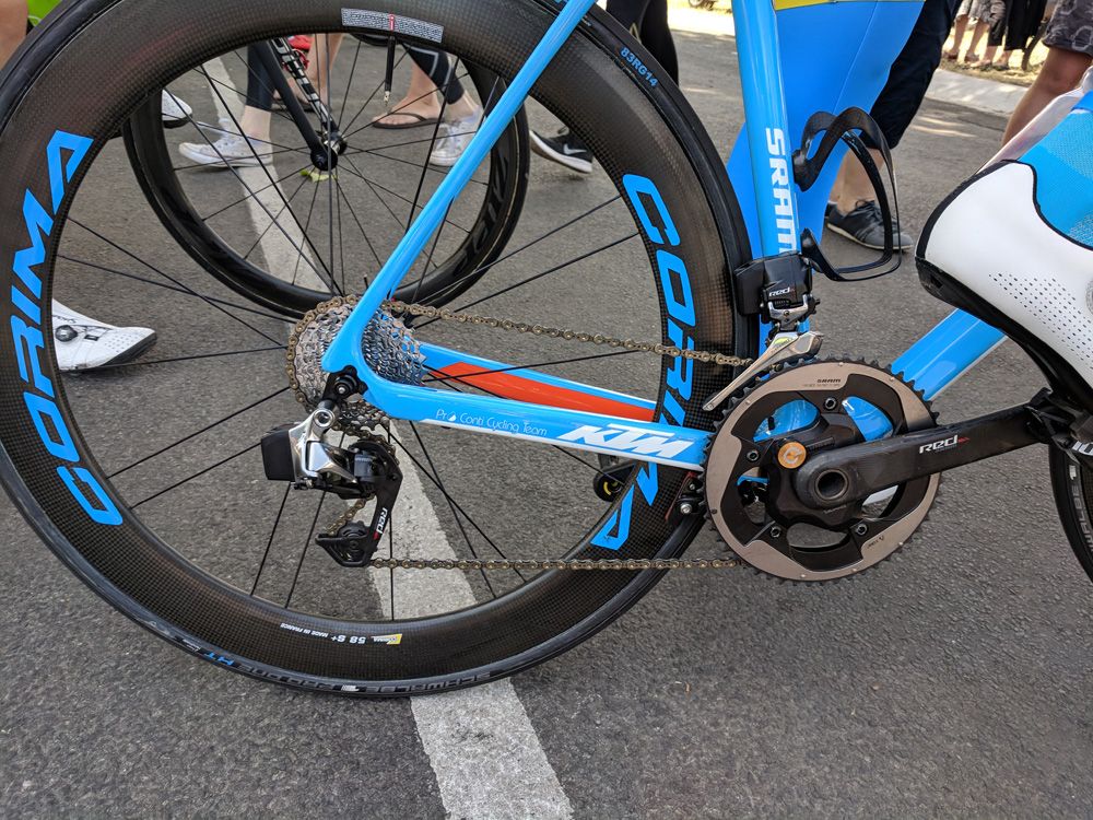 Brenton Jones (Delko-Marseille) is using a mix of Corima wheels and SRAM Red on his KTM bike