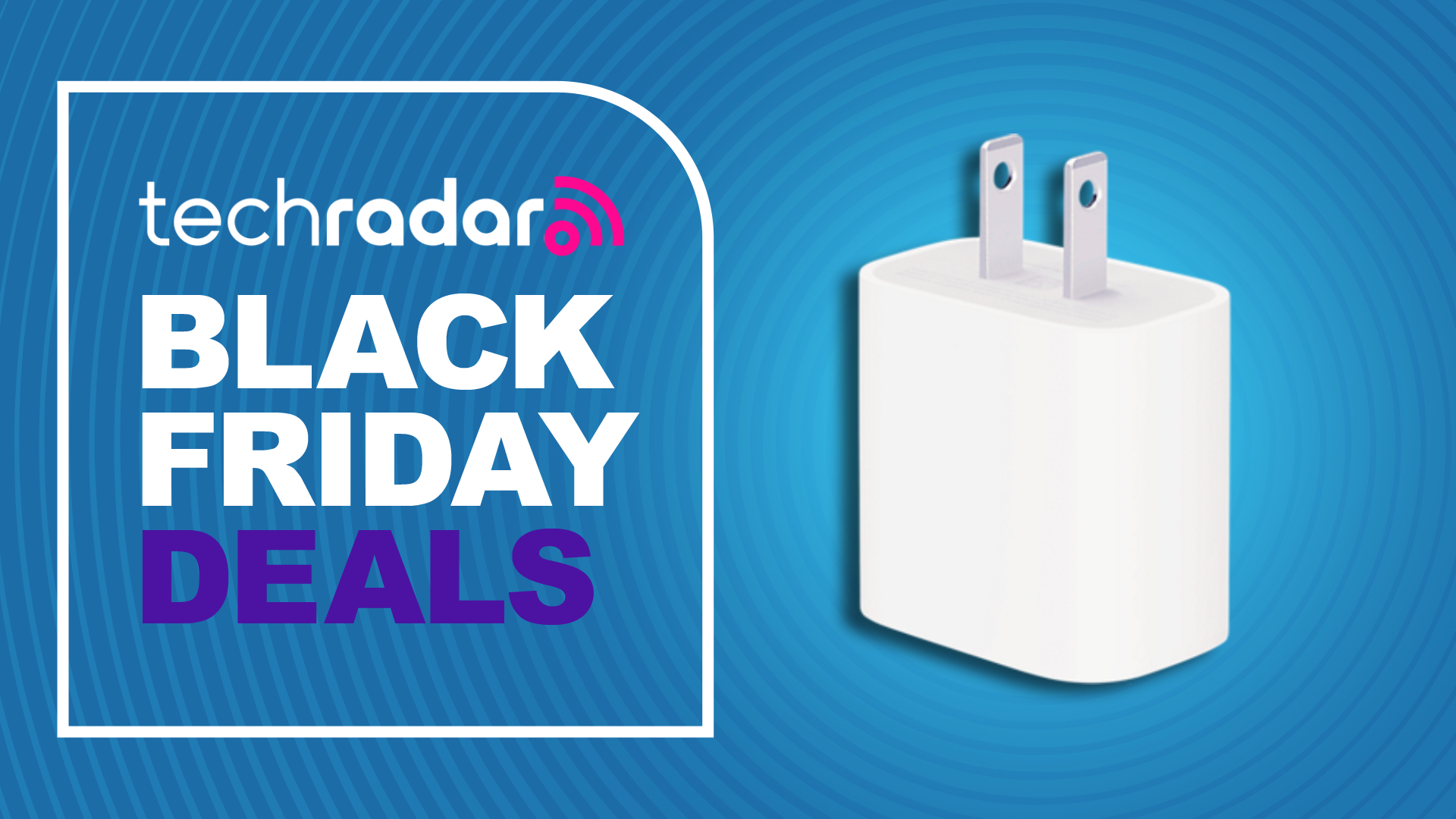 Apple 20W power adapter against a blue TechRadar deals background