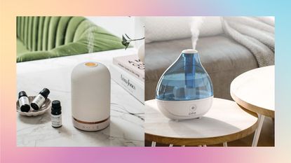 A split image on a pink and blue background showing a white ceramic diffuser and a blue and white humidifier.