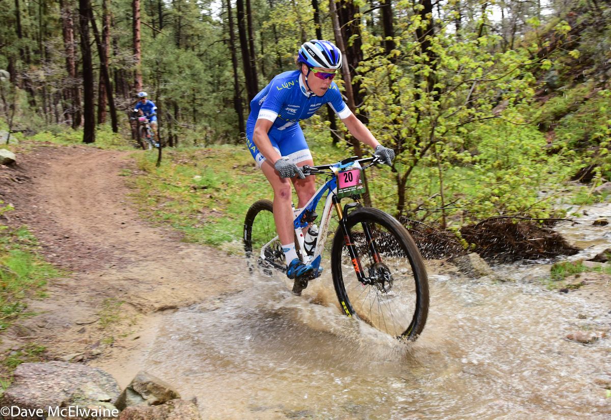 Georgia Gould (Luna Pro Team) crossing one of several streams