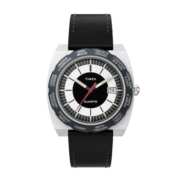The Timex 1972 World Time from different angles in black